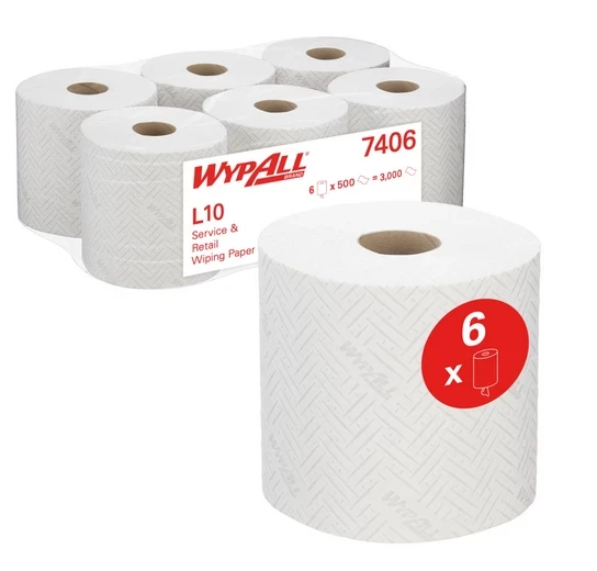 WypAll® L10 Papierwischtuch für die Reinigung im Service & Einzelhandel - Centrefeed for Reach+™ / Weiß 1-lagig 6 Rollen à 500 Tücher