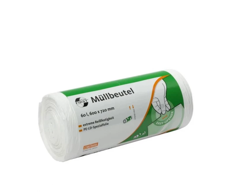 Müllbeutel 60 Liter, 12 my, LDPE, weiß (1 Rolle = 50 Stück)